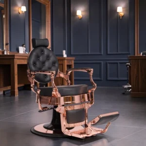 Clovis gold barber chair - luxury barber chair - golden barber chair - vintage barbershop chair - high-end barber furniture - professional hairdressing chair - hydraulic barber chair - upholstered barber chair - robust barber chair - golden design barber chair - luxury retro barber chair - premium barbershop equipment - comfortable barber chair - adjustable barber chair - golden aluminum barber chair