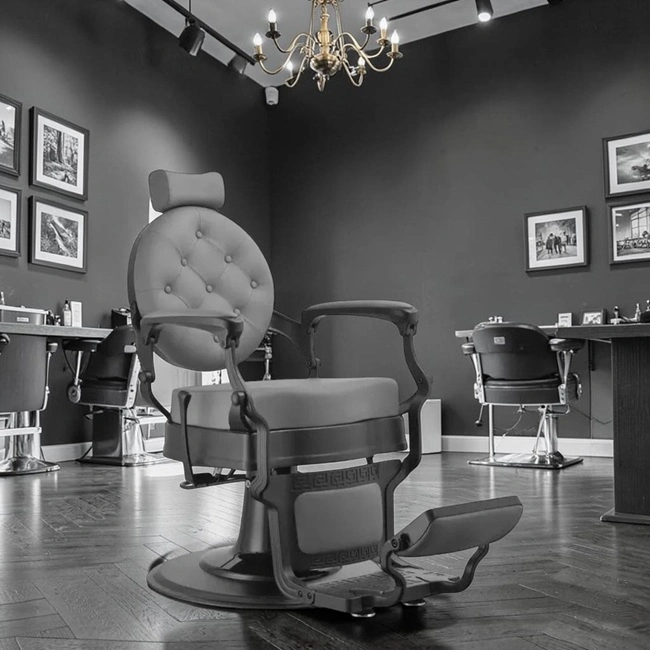 Clovis gold barber chair - luxury barber chair - golden barber chair - vintage barbershop chair - high-end barber furniture - professional hairdressing chair - hydraulic barber chair - upholstered barber chair - robust barber chair - golden design barber chair - luxury retro barber chair - premium barbershop equipment - comfortable barber chair - adjustable barber chair - golden aluminum barber chair
