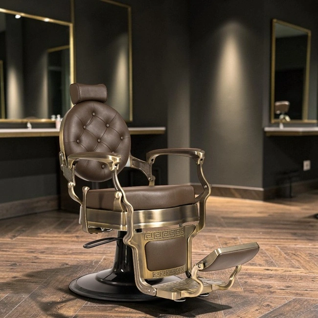 Clovis gold barber chair - luxury barber chair - golden barber chair - vintage barbershop chair - high-end barber furniture - professional hairdressing chair - hydraulic barber chair - upholstered barber chair - robust barber chair - golden design barber chair - luxury retro barber chair - premium barbershop equipment - comfortable barber chair - adjustable barber chair - golden aluminum barber chair
