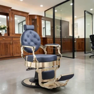 Clovis gold barber chair - luxury barber chair - golden barber chair - vintage barbershop chair - high-end barber furniture - professional hairdressing chair - hydraulic barber chair - upholstered barber chair - robust barber chair - golden design barber chair - luxury retro barber chair - premium barbershop equipment - comfortable barber chair - adjustable barber chair - golden aluminum barber chair