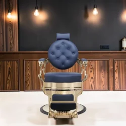 Clovis gold barber chair - luxury barber chair - golden barber chair - vintage barbershop chair - high-end barber furniture - professional hairdressing chair - hydraulic barber chair - upholstered barber chair - robust barber chair - golden design barber chair - luxury retro barber chair - premium barbershop equipment - comfortable barber chair - adjustable barber chair - golden aluminum barber chair