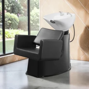 Shampoo Basin Elsa (4) Elsa shampoo basin - ergonomic hairdressing basin - salon washing unit - tilting ceramic basin - compact shampoo basin - professional washing chair - resistant polypropylene structure - adjustable salon seat - premium black washing basin - durable hairdressing equipment - comfortable shampoo basin - hairdressing salon furniture - high-quality washing basin - deep ergonomic basin - modern design shampoo basin