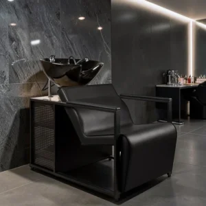 Elsa shampoo basin - ergonomic hairdressing basin - salon washing unit - tilting ceramic basin - compact shampoo basin - professional washing chair - resistant polypropylene structure - adjustable salon seat - premium black washing basin - durable hairdressing equipment - comfortable shampoo basin - hairdressing salon furniture - high-quality washing basin - deep ergonomic basin - modern design shampoo basin