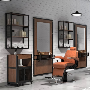 Murale Hairdresser Richard (1) Wall hairstylist Richard – industrial workstation – wall hairstylist furniture – wood and metal hairstylist – silver mirror with polished edges – salon hairstylist workstation – professional industrial furniture – metal wall hairstylist – robust hairstylist furniture – contemporary design hairstylist – varnished wood workstation – metal structure hairstylist – modern hairstylist furniture – premium hairstylist workstation