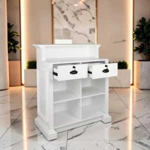 Reception desk - Cashier counter - Reception furniture - Hair salon reception desk - Professional hairdressing furniture - Professional reception furniture - Reception counter - Beauty salon counter - White reception desk - Wooden reception furniture - Vintage reception desk - Reception furniture with drawers - Cashier counter with storage - Reception furniture with shelves - Elegant reception desk - Hair salon counter furniture - Aesthetic reception furniture - Retail entrance counter - Secure reception furniture - Black designer reception desk - Melamine wood furniture - Lockable drawers - Spacious interior storage - 110 cm reception furniture - Robust reception furniture - Salon customer reception - Business reception furniture - Reception furniture for institutes - Spa reception desk - Retail cashier furniture - Professional entrance furniture - Ergonomic reception furniture.