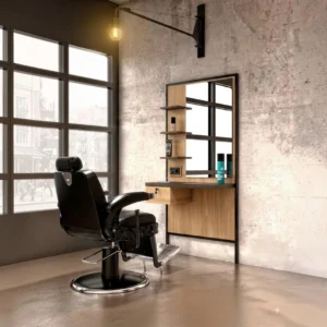 professional barber styling station - high-end barber unit - barber vanity with LED mirror - professional hairdressing furniture - barber styling station - men's hair salon furniture - barber workstation - professional barbershop unit - modern retro barber vanity - solid wood styling station - barber unit with storage - styling station with basin - designer barbershop furniture - glossy black hairdressing unit - styling station with integrated LED
