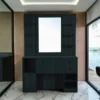 Coiffeuse barbier professionnelle - Poste de coiffage bois clair - Meuble salon de coiffure - Station de coiffage LED - Coiffeuse murale moderne - Mobilier barbier haut de gamme - Meuble de rangement coiffure - Miroir rond lumineux - Coiffeuse design contemporain - Mobilier coiffure premium