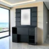 Coiffeuse barbier professionnelle - Poste de coiffage bois clair - Meuble salon de coiffure - Station de coiffage LED - Coiffeuse murale moderne - Mobilier barbier haut de gamme - Meuble de rangement coiffure - Miroir rond lumineux - Coiffeuse design contemporain - Mobilier coiffure premium