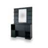 Coiffeuse barbier professionnelle - Poste de coiffage bois clair - Meuble salon de coiffure - Station de coiffage LED - Coiffeuse murale moderne - Mobilier barbier haut de gamme - Meuble de rangement coiffure - Miroir rond lumineux - Coiffeuse design contemporain - Mobilier coiffure premium