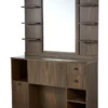 Coiffeuse barbier professionnelle - Poste de coiffage bois clair - Meuble salon de coiffure - Station de coiffage LED - Coiffeuse murale moderne - Mobilier barbier haut de gamme - Meuble de rangement coiffure - Miroir rond lumineux - Coiffeuse design contemporain - Mobilier coiffure premium