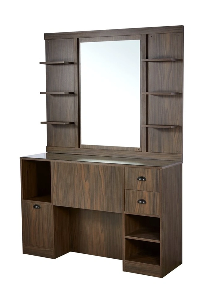 Coiffeuse barbier professionnelle - Poste de coiffage bois clair - Meuble salon de coiffure - Station de coiffage LED - Coiffeuse murale moderne - Mobilier barbier haut de gamme - Meuble de rangement coiffure - Miroir rond lumineux - Coiffeuse design contemporain - Mobilier coiffure premium