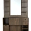 Coiffeuse barbier professionnelle - Poste de coiffage bois clair - Meuble salon de coiffure - Station de coiffage LED - Coiffeuse murale moderne - Mobilier barbier haut de gamme - Meuble de rangement coiffure - Miroir rond lumineux - Coiffeuse design contemporain - Mobilier coiffure premium