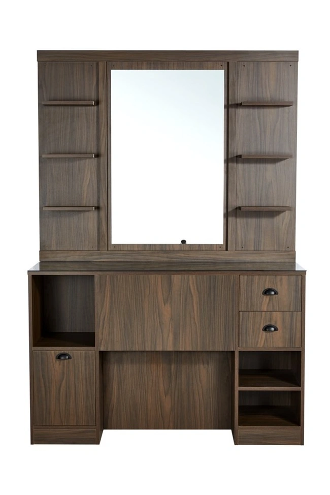 Coiffeuse barbier professionnelle - Poste de coiffage bois clair - Meuble salon de coiffure - Station de coiffage LED - Coiffeuse murale moderne - Mobilier barbier haut de gamme - Meuble de rangement coiffure - Miroir rond lumineux - Coiffeuse design contemporain - Mobilier coiffure premium