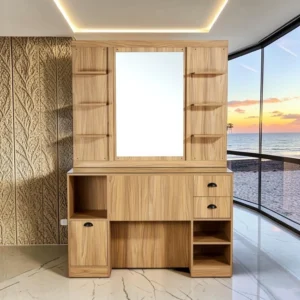 OKE 1BR (1) Coiffeuse barbier professionnelle - Poste de coiffage bois clair - Meuble salon de coiffure - Station de coiffage LED - Coiffeuse murale moderne - Mobilier barbier haut de gamme - Meuble de rangement coiffure - Miroir rond lumineux - Coiffeuse design contemporain - Mobilier coiffure premium