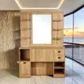 Professional Barber Station - Light Wood Styling Station - Hair Salon Furniture - LED Styling Station - Modern Wall-Mounted Vanity - High-End Barber Furniture - Hairdressing Storage Cabinet - Illuminated Round Mirror - Contemporary Design Vanity - Premium Hairdressing Furniture