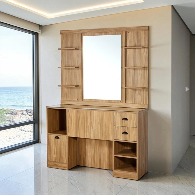 Coiffeuse barbier professionnelle - Poste de coiffage bois clair - Meuble salon de coiffure - Station de coiffage LED - Coiffeuse murale moderne - Mobilier barbier haut de gamme - Meuble de rangement coiffure - Miroir rond lumineux - Coiffeuse design contemporain - Mobilier coiffure premium
