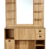 Coiffeuse barbier professionnelle - Poste de coiffage bois clair - Meuble salon de coiffure - Station de coiffage LED - Coiffeuse murale moderne - Mobilier barbier haut de gamme - Meuble de rangement coiffure - Miroir rond lumineux - Coiffeuse design contemporain - Mobilier coiffure premium