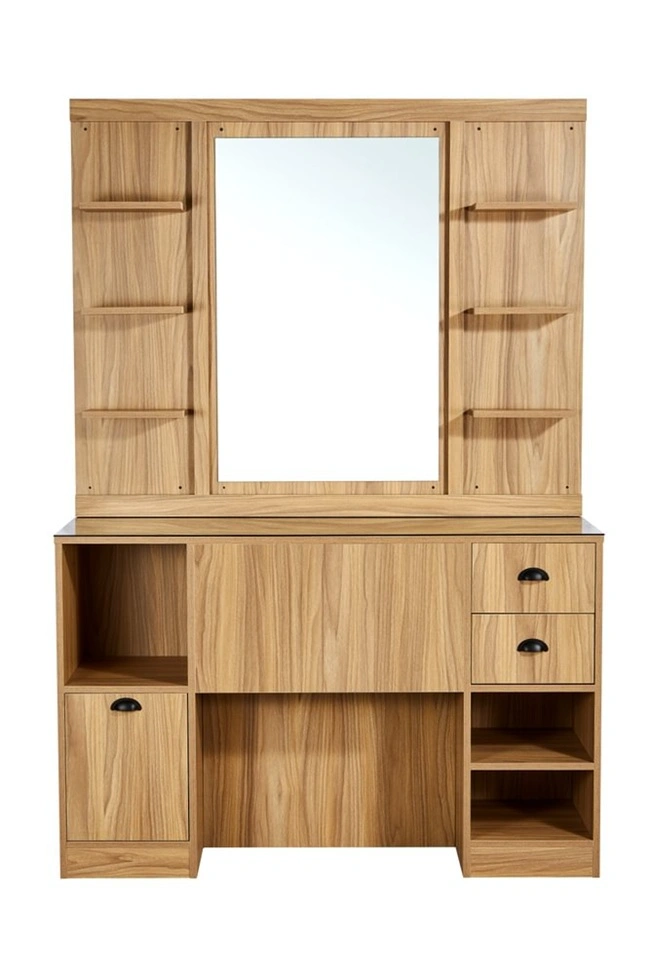 Coiffeuse barbier professionnelle - Poste de coiffage bois clair - Meuble salon de coiffure - Station de coiffage LED - Coiffeuse murale moderne - Mobilier barbier haut de gamme - Meuble de rangement coiffure - Miroir rond lumineux - Coiffeuse design contemporain - Mobilier coiffure premium