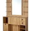 Coiffeuse barbier professionnelle - Poste de coiffage bois clair - Meuble salon de coiffure - Station de coiffage LED - Coiffeuse murale moderne - Mobilier barbier haut de gamme - Meuble de rangement coiffure - Miroir rond lumineux - Coiffeuse design contemporain - Mobilier coiffure premium