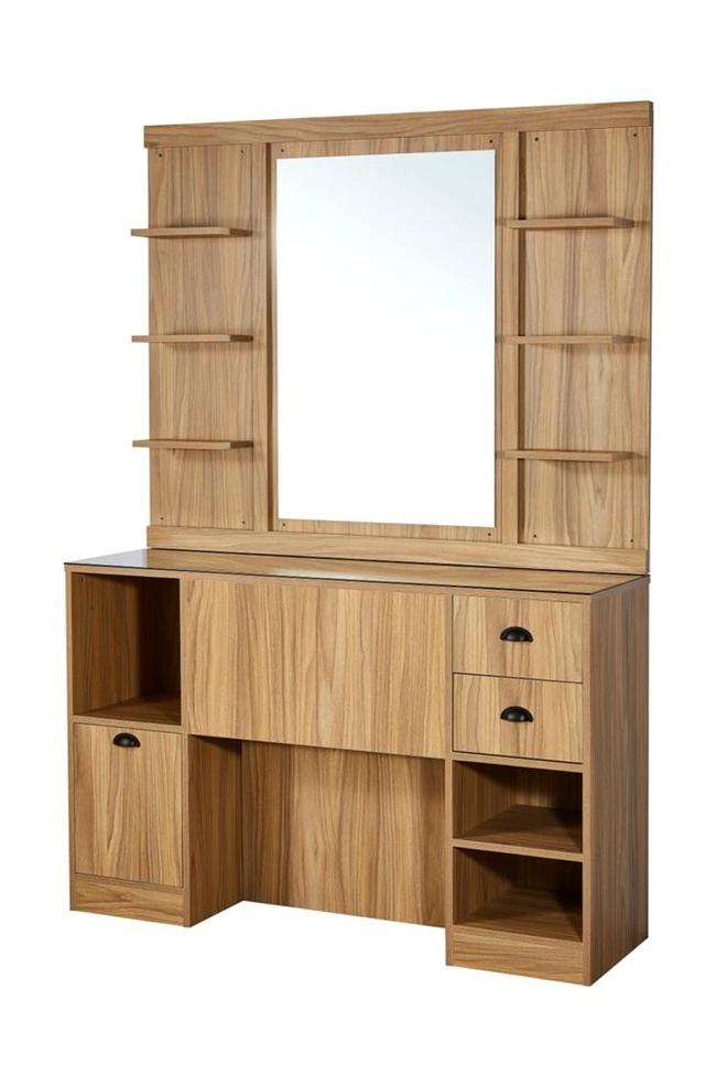 Coiffeuse barbier professionnelle - Poste de coiffage bois clair - Meuble salon de coiffure - Station de coiffage LED - Coiffeuse murale moderne - Mobilier barbier haut de gamme - Meuble de rangement coiffure - Miroir rond lumineux - Coiffeuse design contemporain - Mobilier coiffure premium