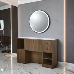 Professional Barber Station - Light Wood Styling Station - Hair Salon Furniture - LED Styling Station - Modern Wall-Mounted Vanity - High-End Barber Furniture - Hairdressing Storage Cabinet - Illuminated Round Mirror - Contemporary Design Vanity - Premium Hairdressing Furniture