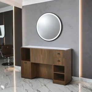 Coiffeuse barbier professionnelle - Poste de coiffage bois clair - Meuble salon de coiffure - Station de coiffage LED - Coiffeuse murale moderne - Mobilier barbier haut de gamme - Meuble de rangement coiffure - Miroir rond lumineux - Coiffeuse design contemporain - Mobilier coiffure premium