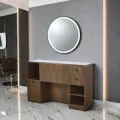 Professional Barber Station - Light Wood Styling Station - Hair Salon Furniture - LED Styling Station - Modern Wall-Mounted Vanity - High-End Barber Furniture - Hairdressing Storage Cabinet - Illuminated Round Mirror - Contemporary Design Vanity - Premium Hairdressing Furniture