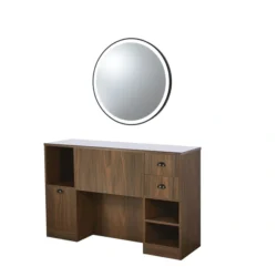 Professional Barber Station - Light Wood Styling Station - Hair Salon Furniture - LED Styling Station - Modern Wall-Mounted Vanity - High-End Barber Furniture - Hairdressing Storage Cabinet - Illuminated Round Mirror - Contemporary Design Vanity - Premium Hairdressing Furniture