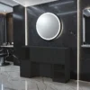 Coiffeuse barbier professionnelle - Poste de coiffage bois clair - Meuble salon de coiffure - Station de coiffage LED - Coiffeuse murale moderne - Mobilier barbier haut de gamme - Meuble de rangement coiffure - Miroir rond lumineux - Coiffeuse design contemporain - Mobilier coiffure premium