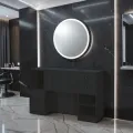 Professional Barber Station - Light Wood Styling Station - Hair Salon Furniture - LED Styling Station - Modern Wall-Mounted Vanity - High-End Barber Furniture - Hairdressing Storage Cabinet - Illuminated Round Mirror - Contemporary Design Vanity - Premium Hairdressing Furniture