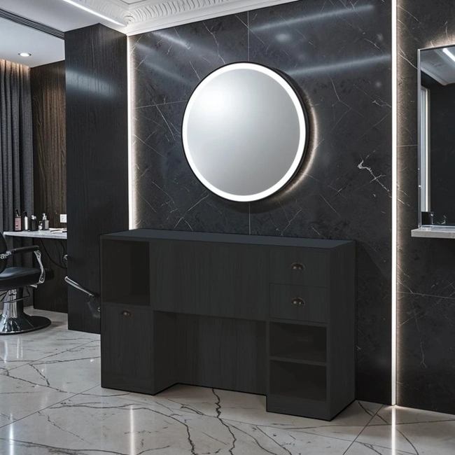 Coiffeuse barbier professionnelle - Poste de coiffage bois clair - Meuble salon de coiffure - Station de coiffage LED - Coiffeuse murale moderne - Mobilier barbier haut de gamme - Meuble de rangement coiffure - Miroir rond lumineux - Coiffeuse design contemporain - Mobilier coiffure premium