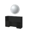 Coiffeuse barbier professionnelle - Poste de coiffage bois clair - Meuble salon de coiffure - Station de coiffage LED - Coiffeuse murale moderne - Mobilier barbier haut de gamme - Meuble de rangement coiffure - Miroir rond lumineux - Coiffeuse design contemporain - Mobilier coiffure premium