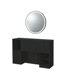Coiffeuse barbier professionnelle - Poste de coiffage bois clair - Meuble salon de coiffure - Station de coiffage LED - Coiffeuse murale moderne - Mobilier barbier haut de gamme - Meuble de rangement coiffure - Miroir rond lumineux - Coiffeuse design contemporain - Mobilier coiffure premium