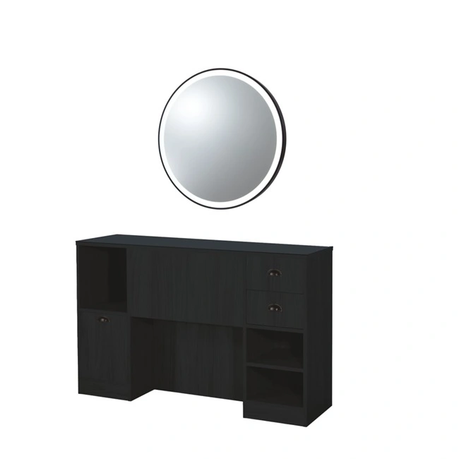 Coiffeuse barbier professionnelle - Poste de coiffage bois clair - Meuble salon de coiffure - Station de coiffage LED - Coiffeuse murale moderne - Mobilier barbier haut de gamme - Meuble de rangement coiffure - Miroir rond lumineux - Coiffeuse design contemporain - Mobilier coiffure premium