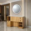 Professional Barber Station - Light Wood Styling Station - Hair Salon Furniture - LED Styling Station - Modern Wall-Mounted Vanity - High-End Barber Furniture - Hairdressing Storage Cabinet - Illuminated Round Mirror - Contemporary Design Vanity - Premium Hairdressing Furniture