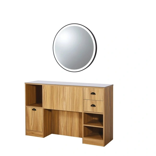 Coiffeuse barbier professionnelle - Poste de coiffage bois clair - Meuble salon de coiffure - Station de coiffage LED - Coiffeuse murale moderne - Mobilier barbier haut de gamme - Meuble de rangement coiffure - Miroir rond lumineux - Coiffeuse design contemporain - Mobilier coiffure premium