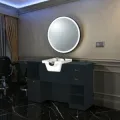 Professional Barber Station - Light Wood Styling Station - Hair Salon Furniture - LED Styling Station - Modern Wall-Mounted Vanity - High-End Barber Furniture - Hairdressing Storage Cabinet - Illuminated Round Mirror - Contemporary Design Vanity - Premium Hairdressing Furniture