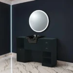 Coiffeuse barbier professionnelle - Poste de coiffage bois clair - Meuble salon de coiffure - Station de coiffage LED - Coiffeuse murale moderne - Mobilier barbier haut de gamme - Meuble de rangement coiffure - Miroir rond lumineux - Coiffeuse design contemporain - Mobilier coiffure premium