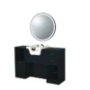 Coiffeuse barbier professionnelle - Poste de coiffage bois clair - Meuble salon de coiffure - Station de coiffage LED - Coiffeuse murale moderne - Mobilier barbier haut de gamme - Meuble de rangement coiffure - Miroir rond lumineux - Coiffeuse design contemporain - Mobilier coiffure premium