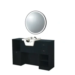 Coiffeuse barbier professionnelle - Poste de coiffage bois clair - Meuble salon de coiffure - Station de coiffage LED - Coiffeuse murale moderne - Mobilier barbier haut de gamme - Meuble de rangement coiffure - Miroir rond lumineux - Coiffeuse design contemporain - Mobilier coiffure premium