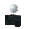 Coiffeuse barbier professionnelle - Poste de coiffage bois clair - Meuble salon de coiffure - Station de coiffage LED - Coiffeuse murale moderne - Mobilier barbier haut de gamme - Meuble de rangement coiffure - Miroir rond lumineux - Coiffeuse design contemporain - Mobilier coiffure premium