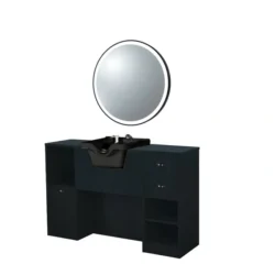 Oke 7 98 (5) Coiffeuse barbier professionnelle - Poste de coiffage bois clair - Meuble salon de coiffure - Station de coiffage LED - Coiffeuse murale moderne - Mobilier barbier haut de gamme - Meuble de rangement coiffure - Miroir rond lumineux - Coiffeuse design contemporain - Mobilier coiffure premium
