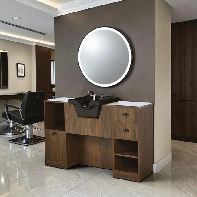 Coiffeuse barbier professionnelle - Poste de coiffage bois clair - Meuble salon de coiffure - Station de coiffage LED - Coiffeuse murale moderne - Mobilier barbier haut de gamme - Meuble de rangement coiffure - Miroir rond lumineux - Coiffeuse design contemporain - Mobilier coiffure premium