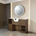 Professional Barber Station - Light Wood Styling Station - Hair Salon Furniture - LED Styling Station - Modern Wall-Mounted Vanity - High-End Barber Furniture - Hairdressing Storage Cabinet - Illuminated Round Mirror - Contemporary Design Vanity - Premium Hairdressing Furniture