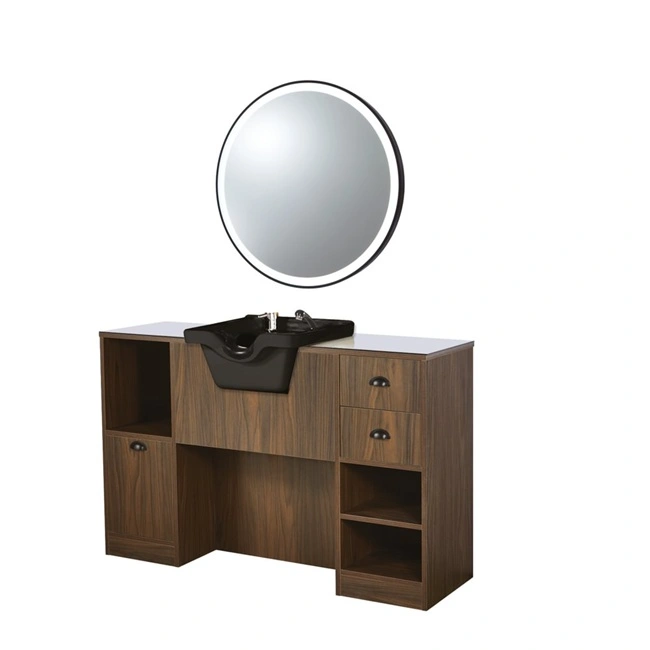 Coiffeuse barbier professionnelle - Poste de coiffage bois clair - Meuble salon de coiffure - Station de coiffage LED - Coiffeuse murale moderne - Mobilier barbier haut de gamme - Meuble de rangement coiffure - Miroir rond lumineux - Coiffeuse design contemporain - Mobilier coiffure premium