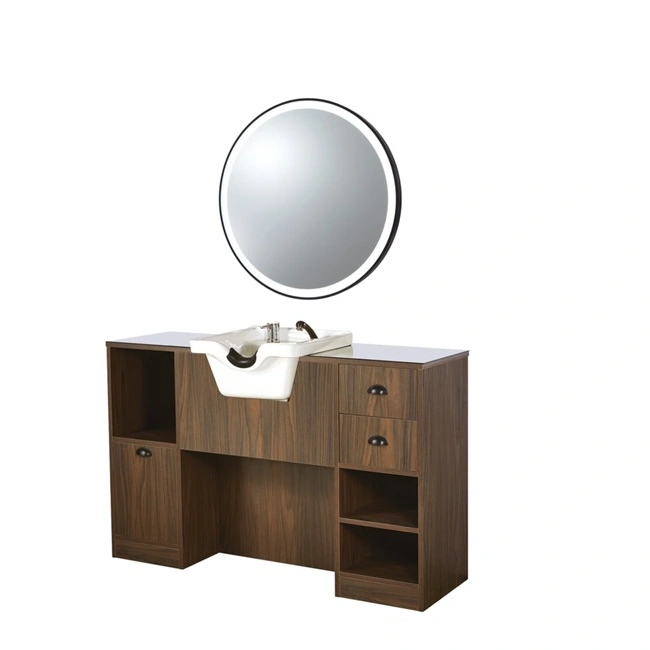 Coiffeuse barbier professionnelle - Poste de coiffage bois clair - Meuble salon de coiffure - Station de coiffage LED - Coiffeuse murale moderne - Mobilier barbier haut de gamme - Meuble de rangement coiffure - Miroir rond lumineux - Coiffeuse design contemporain - Mobilier coiffure premium