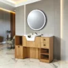Coiffeuse barbier professionnelle - Poste de coiffage bois clair - Meuble salon de coiffure - Station de coiffage LED - Coiffeuse murale moderne - Mobilier barbier haut de gamme - Meuble de rangement coiffure - Miroir rond lumineux - Coiffeuse design contemporain - Mobilier coiffure premium