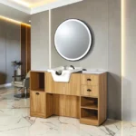 Coiffeuse barbier professionnelle - Poste de coiffage bois clair - Meuble salon de coiffure - Station de coiffage LED - Coiffeuse murale moderne - Mobilier barbier haut de gamme - Meuble de rangement coiffure - Miroir rond lumineux - Coiffeuse design contemporain - Mobilier coiffure premium