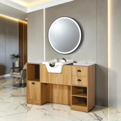 Coiffeuse barbier professionnelle - Poste de coiffage bois clair - Meuble salon de coiffure - Station de coiffage LED - Coiffeuse murale moderne - Mobilier barbier haut de gamme - Meuble de rangement coiffure - Miroir rond lumineux - Coiffeuse design contemporain - Mobilier coiffure premium