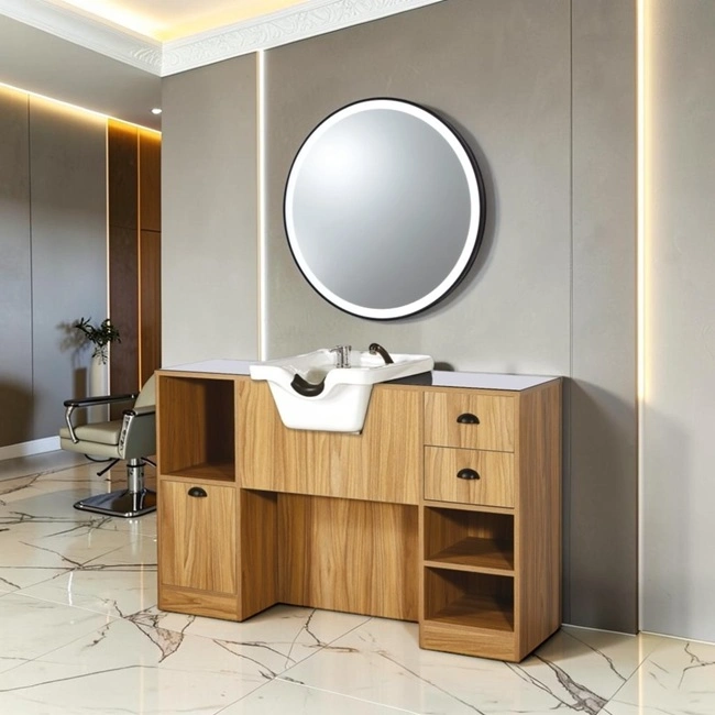 Coiffeuse barbier professionnelle - Poste de coiffage bois clair - Meuble salon de coiffure - Station de coiffage LED - Coiffeuse murale moderne - Mobilier barbier haut de gamme - Meuble de rangement coiffure - Miroir rond lumineux - Coiffeuse design contemporain - Mobilier coiffure premium